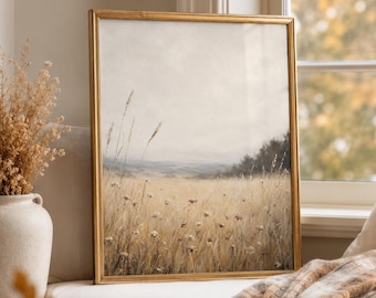 Neutral Meadow Wall Art, Minimalist Wildflower Landscape, Beige Countryside Print, Rustic Nature Decor