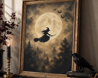 Flying Witch Wall Art, Halloween Print, Full Moon Gothic Poster, Vintage Spooky Decor