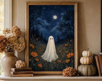 Ghost Wildflower Wall Art, Halloween Print, Moonlit Flower Field, Whimsical Spooky Fall Decor Poster
