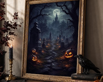 Haunted Castle Wall Art, Halloween Graveyard Jack-o'-lanterns Print, Gothic Spooky Decor Poster