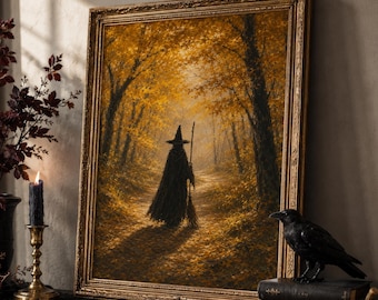 Witch Wall Art, Autumn Forest Print, Halloween Decor, Gothic Fall Artwork Poster