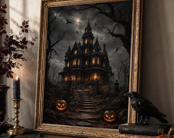 Haunted House Wall Art, Gothic Halloween Print, Dark Victorian Mansion, Spooky Autumn Decor
