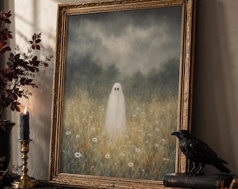 Ghost in Wildflower Field Wall Art, Moody Halloween Print, Vintage Spooky Landscape, Cottagecore Decor