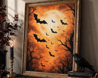 Halloween Bat Wall Art, Full Moon Print, Spooky Gothic Decor, Orange Artwork Poster