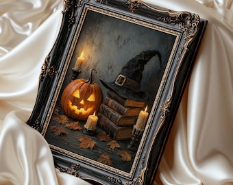 Halloween Wall Art, Witch Hat Pumpkin Jack-O-Lantern Print, Autumn Dark Moody Fall Decor Poster