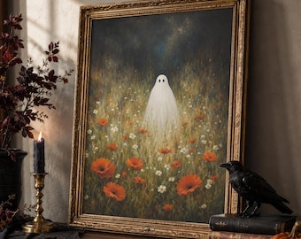 Ghost in Wildflower Field Wall Art, Halloween Print, Moody Gothic Autumn Decor Fall Poster