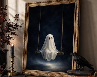Ghost on a Swing Wall Art, Halloween Print, Spooky Artwork Poster, Dark Gothic Decor