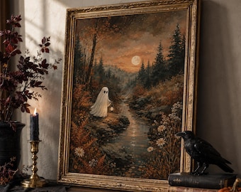 Ghost in Meadow near the Stream Wall Art Print, Spooky Halloween Decor, Autumn Poster