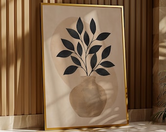Minimalist Botanical Vase Print, Neutral Abstract Modern Wall Art Poster, Scandinavian Flower Decor