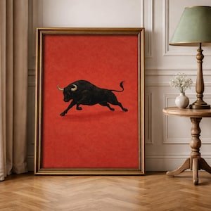 Minimalist Bull Wall Art, Retro Red Poster, Spanish Vintage Print, Bold Statement Artwork, Modern Decor