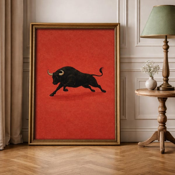 Minimalist Bull Wall Art, Retro Red Poster, Spanish Vintage Print, Bold Statement Artwork, Modern Decor