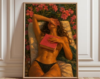 Sunbathing Woman Art Print, Summer Wall Art, Sensual Feminine Painting, Book Flowers Vintage Oil Style Bikini Poster, Bold Aesthetic Artwork