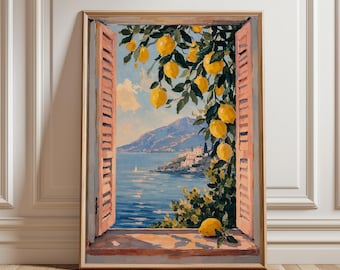 Abstract Lemon Wall Art, Mediterranean Coastal Print, Amalfi Coast Poster, Italian Landscape Art, Summer Aesthetic Wall Decor