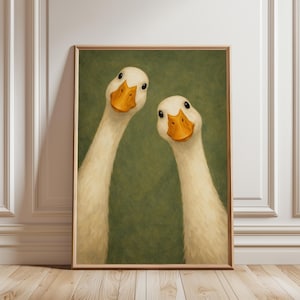 Funny Goose Poster, Two Curious Geese Painting Print, Whimsical Farmhouse Wall Art, Kitchen Decor