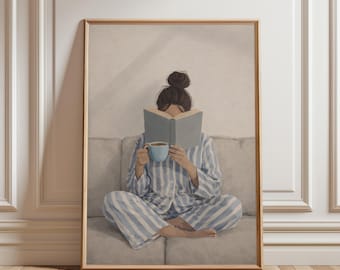 Cozy Reading Wall Art, Woman with Book Print, Neutral Aesthetic Bookish Poster, Self Care Wall Decor, Minimalist Lifestyle Art
