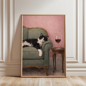 Tuxedo Cat Wall Art Print Red Wine, Cozy Living Room Decor, Whimsical Painting Poster