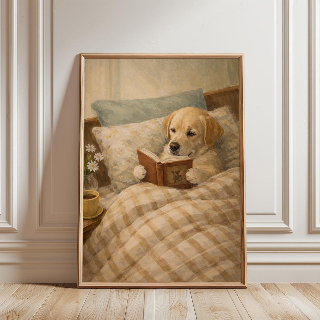 Golden Retriever Reading Book Art Print, Cozy Dog Wall Art, Cute Puppy ...