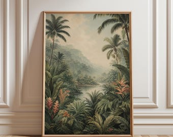 Tropische jungle rivierprint, weelderige palm botanische muurposter, exotische bloemen regenwoud decor