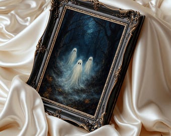 Ghost Forest Wall Art, Spooky Halloween Print, Three Ghosts Painting, Dark Gothic Decor