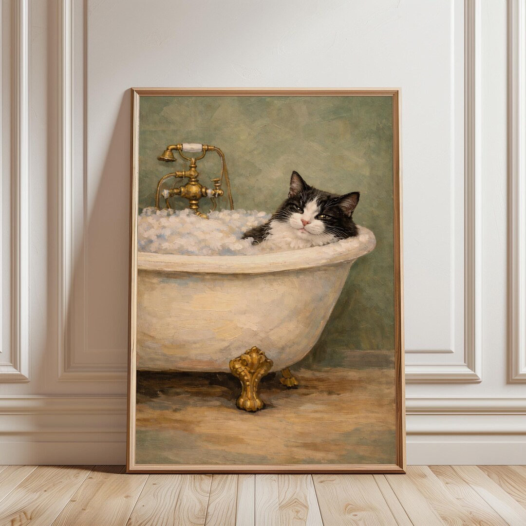 Tuxedo Cat Bathtub Wall Art, Funny Cat Bathroom Decor, Vintage Style ...
