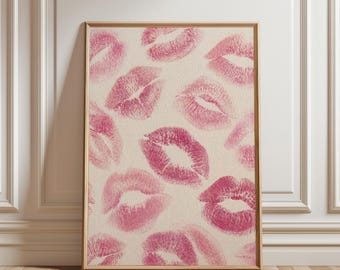 Kiss Marks Wall Art Print, Coquette Aesthetic Decor, Pink Lipstick Girly Bedroom Poster