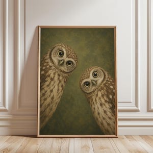 Curious Owl Pair Wall Art, Two Owls Painting Print, Whimsical Farmhouse Poster