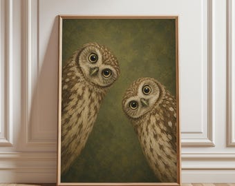 Curious Owl Pair Wall Art, Two Owls Painting Print, Whimsical Farmhouse Poster