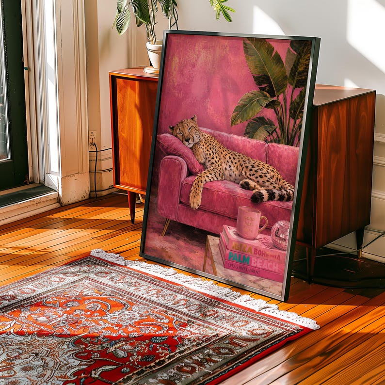 Gepardväggkonst, Lyxigt Rosa Tryck, Sömnig Leopard Glamour Djurtryck Maximalistisk Dekor bild 14