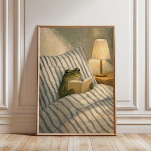 Reading Frog Wall Art, Cozy Book Lover Print, Whimsical Bedroom Animal Illustration Poster