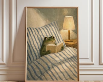 Väggkonst med läsande groda, mysig bokälskare-tryck, nyckfull djurillustration i sovrummet