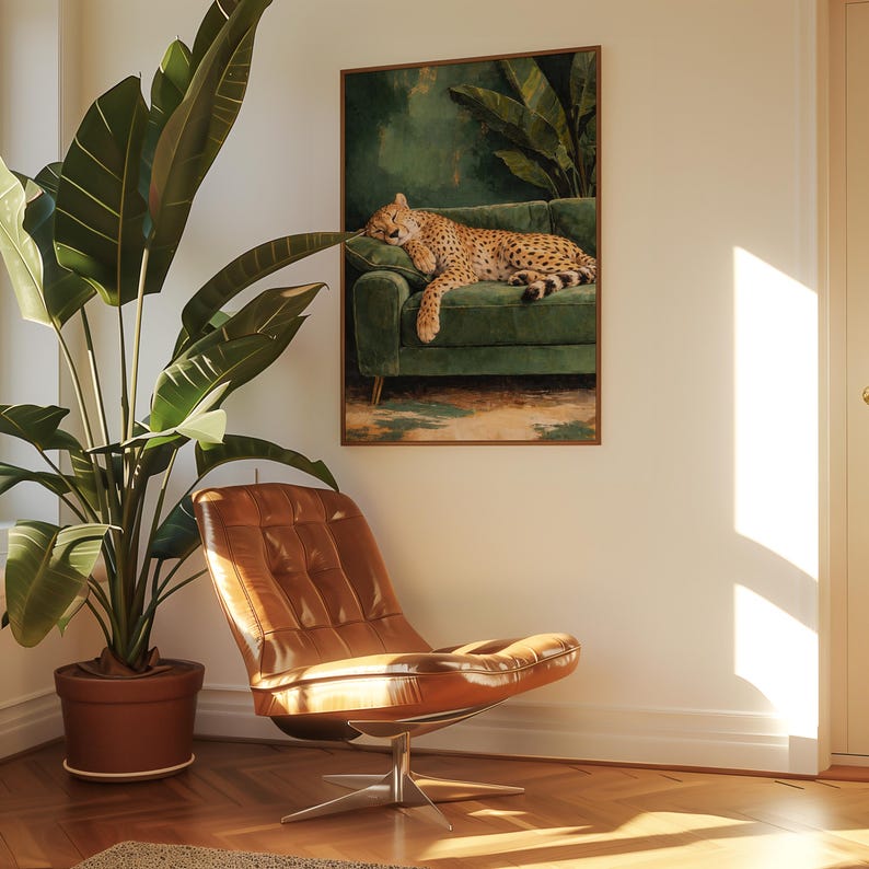 Cheetah Wall Art, Sleepy Leopard Poster, Contemporary Luxury Print, Emerald Green Jungle Living Room Decor, Elegant Maximalist Modern Art image 13