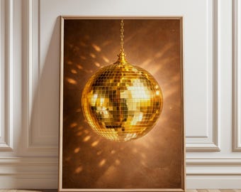 Gold Disco Ball Wall Art, Luxury Retro Aesthetic Print, 70s Glam Decor, Warm Neutral Wall Art, Minimalist Gold Poster, Modern Statement Art