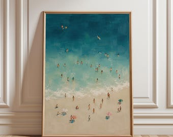 Coastal Wall Art Poster, People on Beach Print, Ocean Bathers Minimal Seascape Painting, Summer Decor