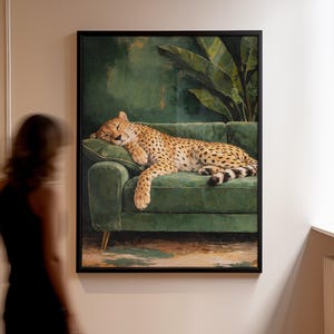 Cheetah Wall Art, Sleepy Leopard Poster, Contemporary Luxury Print, Emerald Green Jungle Living Room Decor, Elegant Maximalist Modern Art image 5