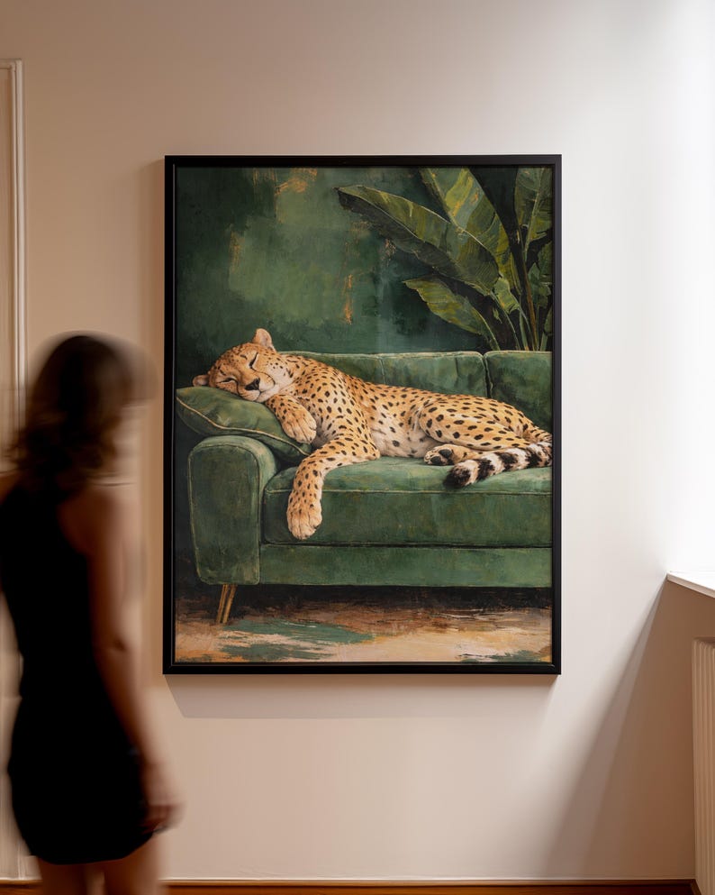 Cheetah Wall Art, Sleepy Leopard Poster, Contemporary Luxury Print, Emerald Green Jungle Living Room Decor, Elegant Maximalist Modern Art image 5