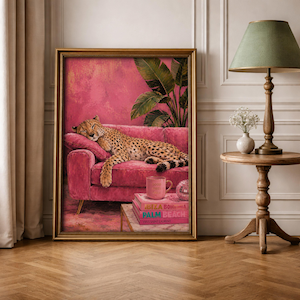Gepardväggkonst, Lyxigt Rosa Tryck, Sömnig Leopard Glamour Djurtryck Maximalistisk Dekor bild 7