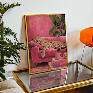 Gepardväggkonst, Lyxigt Rosa Tryck, Sömnig Leopard Glamour Djurtryck Maximalistisk Dekor bild 4