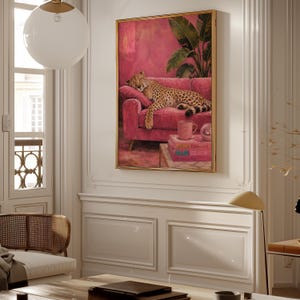 Gepardväggkonst, Lyxigt Rosa Tryck, Sömnig Leopard Glamour Djurtryck Maximalistisk Dekor bild 11