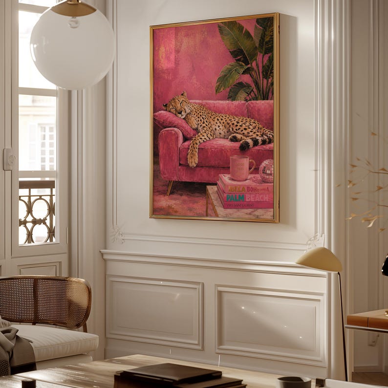 Gepardväggkonst, Lyxigt Rosa Tryck, Sömnig Leopard Glamour Djurtryck Maximalistisk Dekor bild 11