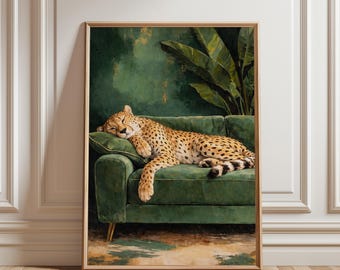 Cheetah Wall Art, Sleepy Leopard Poster, Contemporary Luxury Print, Emerald Green Jungle Living Room Decor, Elegant Maximalist Modern Art