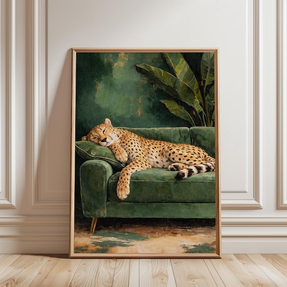 Cheetah Wall Art, Sleepy Leopard Poster, Contemporary Luxury Print, Emerald Green Jungle Living Room Decor, Elegant Maximalist Modern Art
