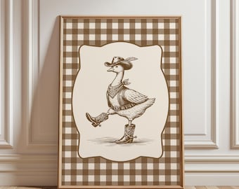 Cowboy Goose Wall Art, Funny Farmhouse Animal Print, Striped Western Decor Poster, Rustic Country Wall Art, Vintage Style Farm Illustration