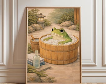 Frog Spa Bathtub Wall Art, Japanese Whimsical Poster, Cute Bath Print, Zen Bathroom Decor, Cozy Relaxing Artwork