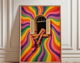 Psychedelic Wall Art, Retro Rainbow Poster, Woman Legs in Window Print Dopamine Decor, Funky Surreal Art, Colorful 70s Abstract Aesthetic