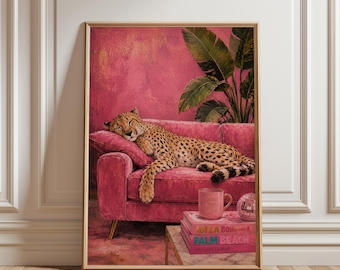 Cheetah Wall Art, Luxury Pink Print, Sleepy Leopard Glam Animal Print  Maximalist Decor