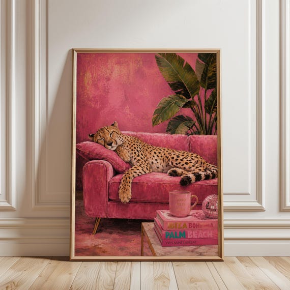 Cheetah Wall Art, Luxury Pink Print, Sleepy Leopard Glam Animal Print  Maximalist Decor