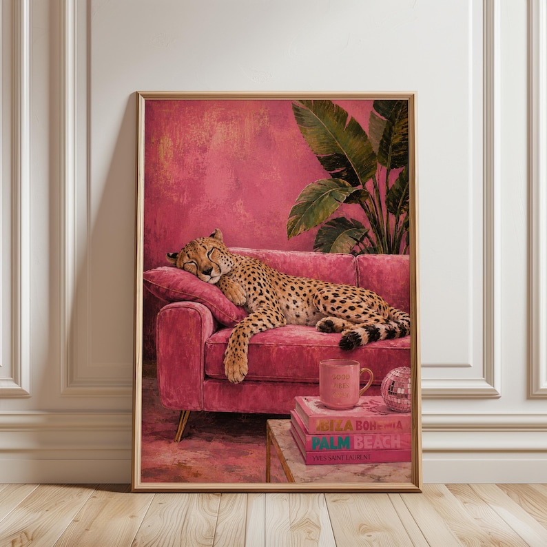 Cheetah Wall Art, Luxury Pink Print, Sleepy Leopard Glam Animal Print  Maximalist Decor