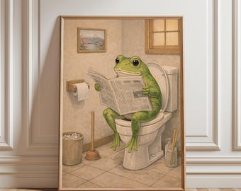 Funny Frog Bathroom Wall Art, Japanese Print, Frog on Toilet Reading Newspaper, Humorous Decor, Hasui Kawase Art, Hiroaki Takahashi Style