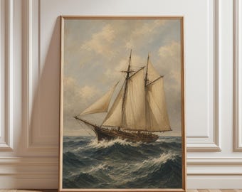 Vintage Sailing Ship Print, Nautical Wall Art, Maritime Coastal Ocean Sailboat Decor, Antique Seascape Poster