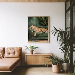Cheetah Wall Art, Sleepy Leopard Poster, Contemporary Luxury Print, Emerald Green Jungle Living Room Decor, Elegant Maximalist Modern Art image 12